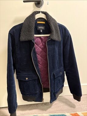 Bonobos Navy Corduroy Bomber Jacket with Gray Sherpa Collar and Burgundy Lining